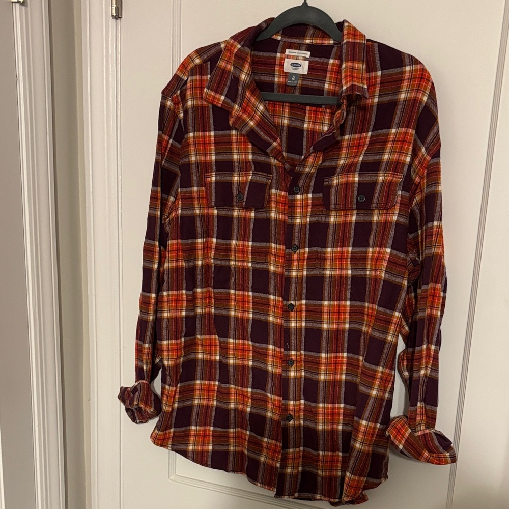 Old Navy Burgundy and Orange Plaid Flannel Shirt